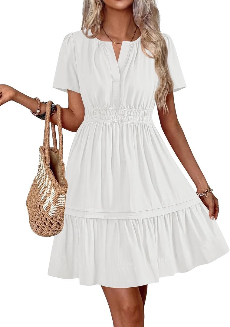 BTFBM Summer Dresses for Women 2026 Casual Boho Sundress Short Sleeve V Neck Ruffle A Line Beach Vacation Mini Dress L