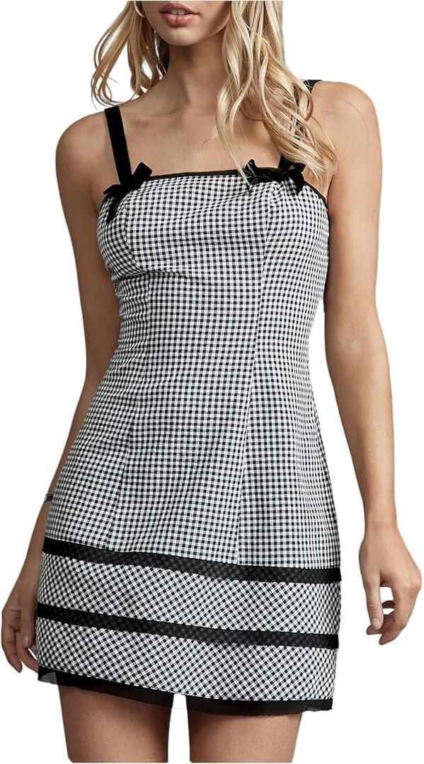 MakeMeChic Women's Fall Mini Dress Bow Gingham Dress Checkered Spaghetti Strap Dresses (Medium, Red and White)