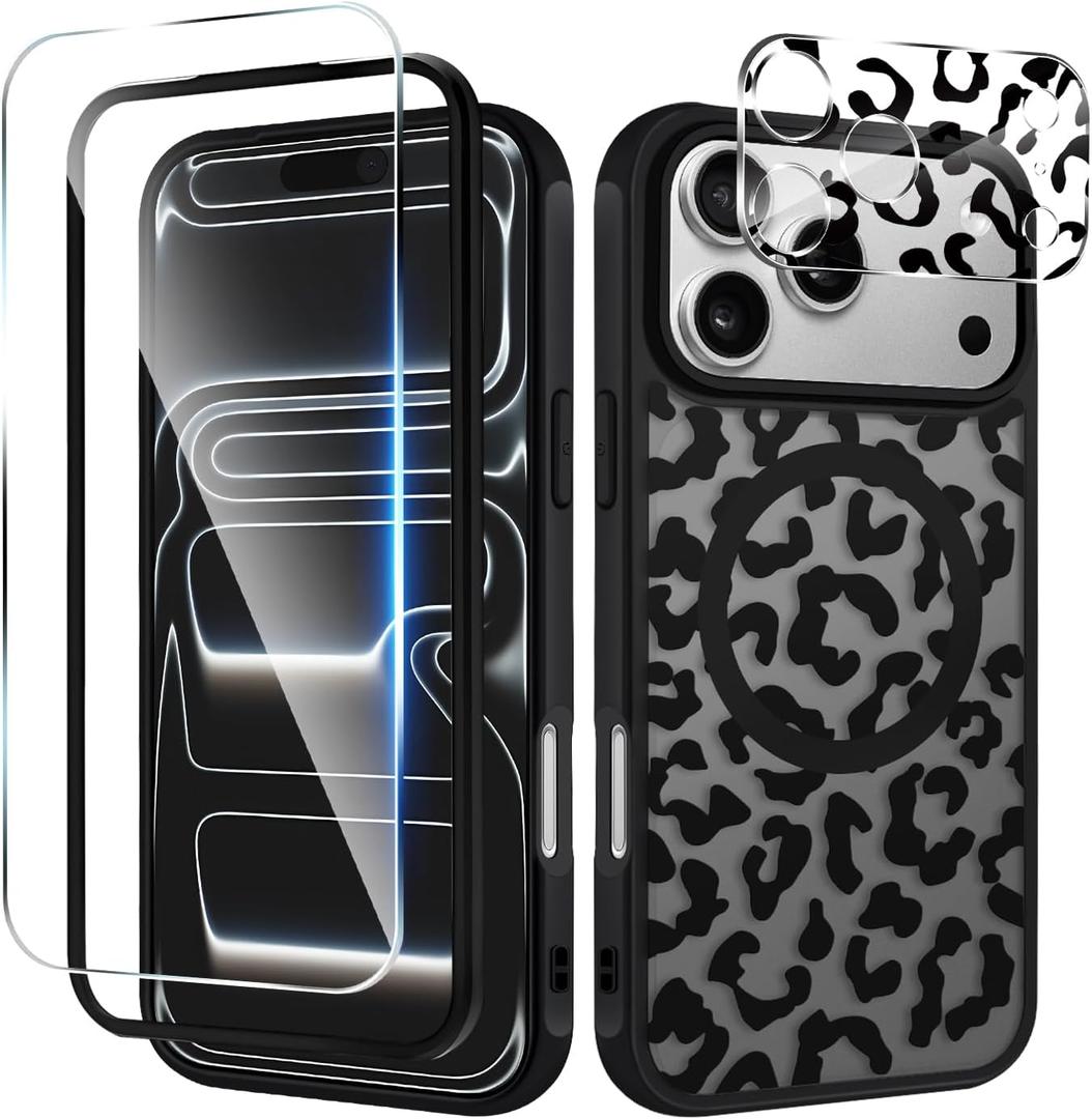 Magnetic Case for iPhone 17 Pro,with Screen Protector & Camera Lens Protector,Cute Black Leopard Print Design for Women Girls Men,Slim Anti Scratch Leopard Case for iPhone 17 Pro Max