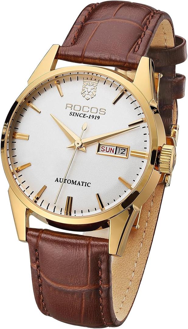 ROCOSJEWE R0101 Men's Automatic Mechanical Watch Golden Luxury Watch for Men Classic Retro Wristwatch Day Date Brown Leather Strap Dress Watches Waterproof Gift for Men Fashion Business