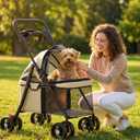 GTPLAYER Foldable Pet Stroller for Small Dogs and Cats, Holds Up to 33 lb, 4-Wheel Stroller with 2 Safety Tethers, Breathable Mesh, Lockable Front Wheels, Cup Holder/Tray & Storage Pocket, Beige