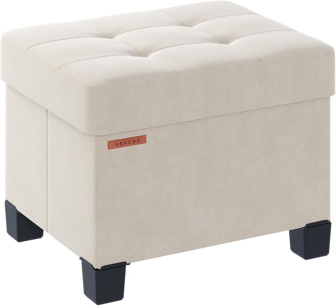 Cube Storage Ottoman, Velvet Foot Stool with Feet, Folding Storage Bench, End of Bed Bench, Storage Chest, for Living Room, Bedroom, 12.6 x 15.8 x 13.2 Inches, Cream White, UASND21W (12.6"D x 15.8 "W x 13.2" H)