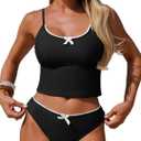 ZAFUL Womens Tankini Swimsuits Tummy Control High Cut Bow Decor Bathing Suits Two Piece Bikini Sets S
