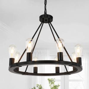 8 Lights 23.6" Black Wagon Wheel Chandelier Farmhouse, Metal Round Industrial Rustic Vintage Kitchen Island Pendant Light for Living Room Kitchen Dining Room Foyer Entryway