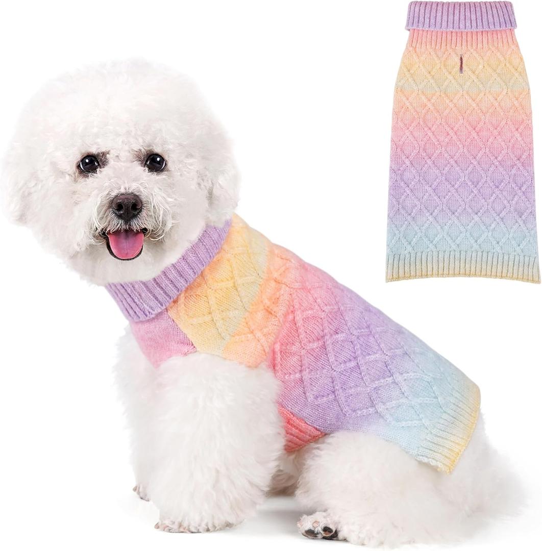 WOYYHO Small Dog Sweater Colorful Knitted Dog Sweater with Leash Hole Turtleneck Puppy Sweaters Warm Dogs Winter Clothes for Chihuahua Yorkies Havanese (Small, Rainbow Colors) (Small (6-10lbs))