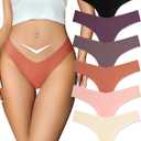 FINETOO Seamless Thongs for Women Sexy No Show Panties Invisible V-waisted Stretch Ladies Underwear 6 Pack