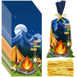 Gueevin 100 Pieces Cellophane Treat Bags Camp out Goodie Candy Favor Bags with 100 Pieces Twist Ties for Party Decorations Kids Birthday Party Baby Shower Supplies Gift Wrapping(Camping Pattern)