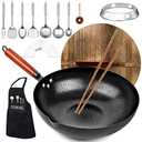 Carbon Steel Wok Pan, 14 Piece Woks & Stir-Fry Pans Set with Wooden Lid Cookwares, No Chemical Coated Flat Bottom Chinese Pan for Induction, Electric, Gas, Halogen All Stoves - 12.6''