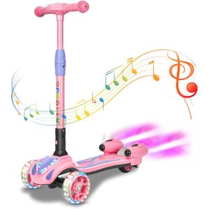3 Wheel Scooter for Kids, Toddler Scooter with Bluetooth Music Speaker Steam Sprayer LED Lights Aluminum Alloy T-Bar, Folding Kick Scooters for Boys Girls Ages 3-10 (Pink)