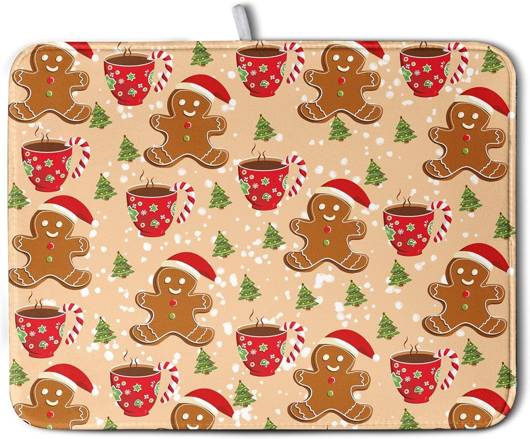 Christmas Gingerbread Man Dish Drying Mat for Kitchen Counter 16x18 Inch Winter Cute Candy Cane Hot Cocoa Xmas Tree Microfiber Drying Mats Orange Super Absorbent Dish Drainer Mats Washable Dish Pad