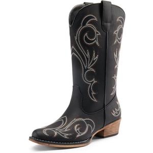 DREAM PAIRS Women's Cowboy Boots Mid Calf Cowgirl Boots Square Toe Chunky Heel Embroidery Stitched Western Boots, Size 7.5