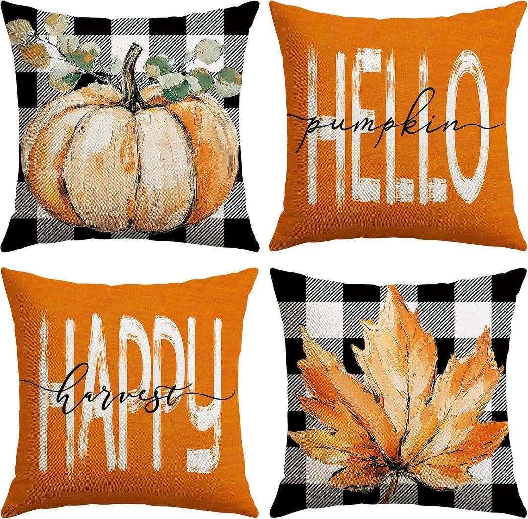 Artscope Fall Decorative Throw Pillow Covers 20x20 Inch Set of 4, Hello Happy Autumn Pumpkin Buffalo Plaid Maple Leaves Harvest Outdoor Farmhouse Pillow Cases for Home Sofa Couch-Orange B