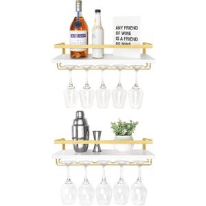 Mkono Wall Mounted Rack Set of 2 White Wood Bottle Glass Holder Floating Shelves with Stemware Hanger Modern Plants Photos Display Storage Holder for Kitchen Dining Room Bar, 17 Inch (White and Gold)