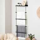 5 Layer Farmhouse Wooden Blanket Ladder 2 in 1 Towel Racks Decorative Rustic Wall Wood Shelf Blanket Holder Quilt Towel Holder Rack for Bathroom Living Room Bedroom(Black)