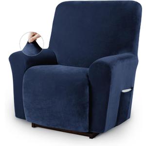 Asnomy Recliner Chair Covers Lazy Boy Recliner Covers with Pockets Stretch Velvet Couch Cover Slipcover 1-Piece Furniture Protector for Dogs Cats(Recliner,Navy Blue)