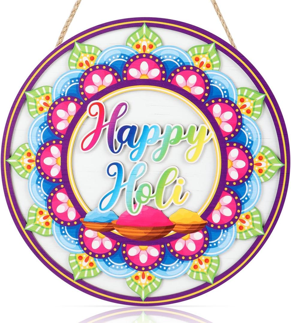 CHDITB 3D Happy Holi Wood Sign, Indian Hindu Festival of Colors Party Hanging Decor, Celebrating Spring Wooden Wall Hanger, Colorful Round Holi Hai Door Sign for Front Door Porch Farmhouse(12"x 12")