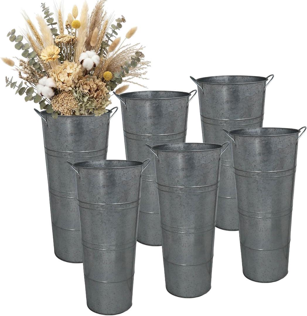 Vensovo Metal Flower Bucket Vase, 15 Inch Tall Trasparent Black Rustic Farmhouse Centerpiece for Spring Home Decor & Wedding, Set of 6