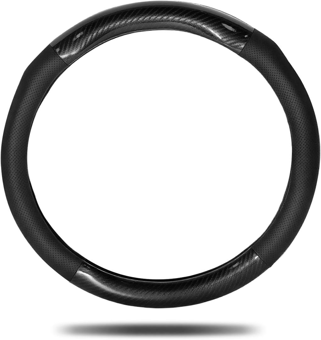 Car Steering Wheel Cover Black, Non-Slip Wear-Resistant Carbon Fiber Steering Wheel Cover, Breathable Drilled O-Type Leather Sleeve, Universal Car Interior Accessories for Most Vehicle