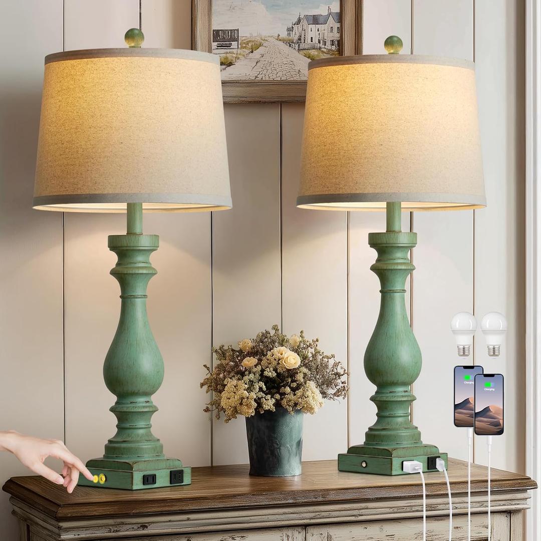 29" Tall Vintage Table Lamps Set of 2,Retro Green Bedside Lamps with USB C+A Ports & AC Outlet,3-Way Dimmable Touch Lamp for Night Stands Living Room Bedroom,Green