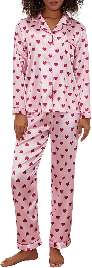 Women's Satin Pajamas Cute Pj Sets Silk Feel Sleepwear Long Sleeve Shirt and Pants 2 Piece Outfits 2026 (Valentines Pink With Red Hearts Print)