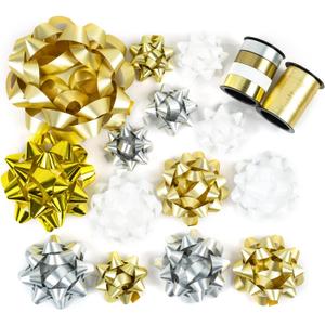WRAPAHOLIC 16 Pcs Gift Bows Assortment - 14 Multi Colored Assorted Size Gift Bows (Gold, Silver, White) and 2 Crimped Curling Ribbons, Perfect for Christmas, Holiday, Party