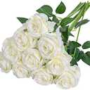 Nubry Artificial Silk Rose Flower Bouquet Lifelike White Fake Rose for Wedding Home Party Decoration Event Gift 10pcs (Off White)