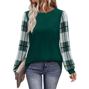 WIHOLL Women’s Plaid Sleeve Tunic Top, Dark Green - XL