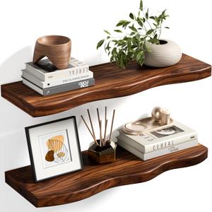 Floating Shelves for Wall, 24 inch Rustic Wooden Floating Shelves, Wall-Mounted Floating Bookshelf, Hanging Shelves with Unique Natural Grain for Living Room, Bedroom, Kitchen (Walnut Color) (Brown)