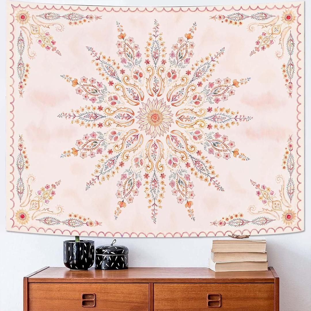 Fowocu Boho Floral Mandala Tapestry for Bedroom Aesthetic Pink Bohemian Flower Wall Tapestry Watercolor Hippie Indian Small Tapestries Wall Hanging for Living Room Dorm Decor 48 x 36 Inch