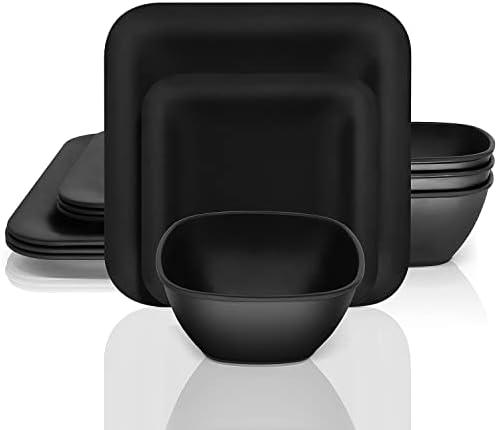 Melamine Dinnerware Set - 12 pcs Melamine Plates Indoor and Outdoor use Matte Black Plates and Bowls Dinnerware Sets Summer Fall Camping Dish Set for 4 Dishwasher Safe（Square）
