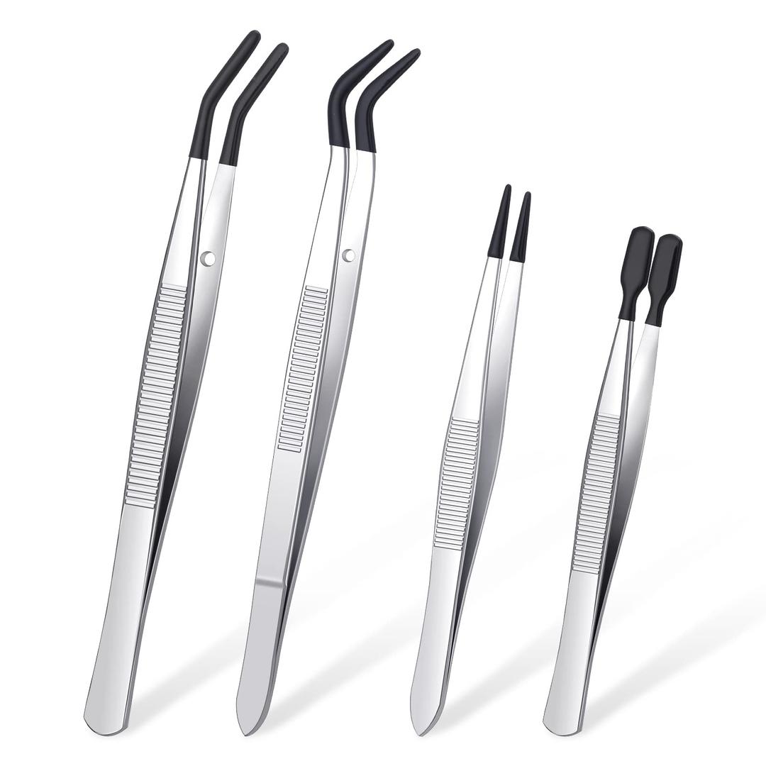 4PCS Precision Tweezers Set, Professional Pointed Long Bent Stainless Steel Tweezers for Craft, Soldering, Model, Jewelry Tools