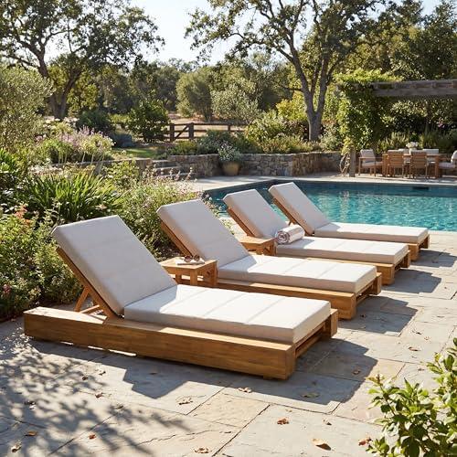 Christopher Knight Home Tory Acacia Wood Chaise Lounge Chair Outdoor Set of 4, Poolside Sun Lounger Recliner, Patio Outdoor Chaise Lounge with Cushions, Adjustable Backrest Lounge Sofa, Beige+Teak