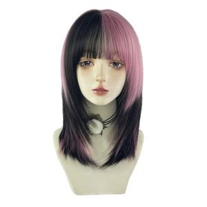 WKLOUYHE Short Straight Wig with Bangs for Women Shoulder Length Bob Women's Synthetic Wigs Heat Resistant Hair for Cosplay Daily Party Use (Black and Pink)