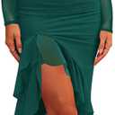 Nova In Sky Women's Sexy Ruched Bodycon Midi Dress Mesh Long Sleeve Ruffle Hem Formal Wedding Guest Cocktail Party Dress (Large, Dark Green)