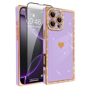 PERRKLD for iPhone 16 Pro Case Cute Love Heart Plating for Women, with Screen Protector, Glitter Sparkle Rhinestone Diamond Border Design Slim Rectangle Wireless Protection Case Cover, Pink