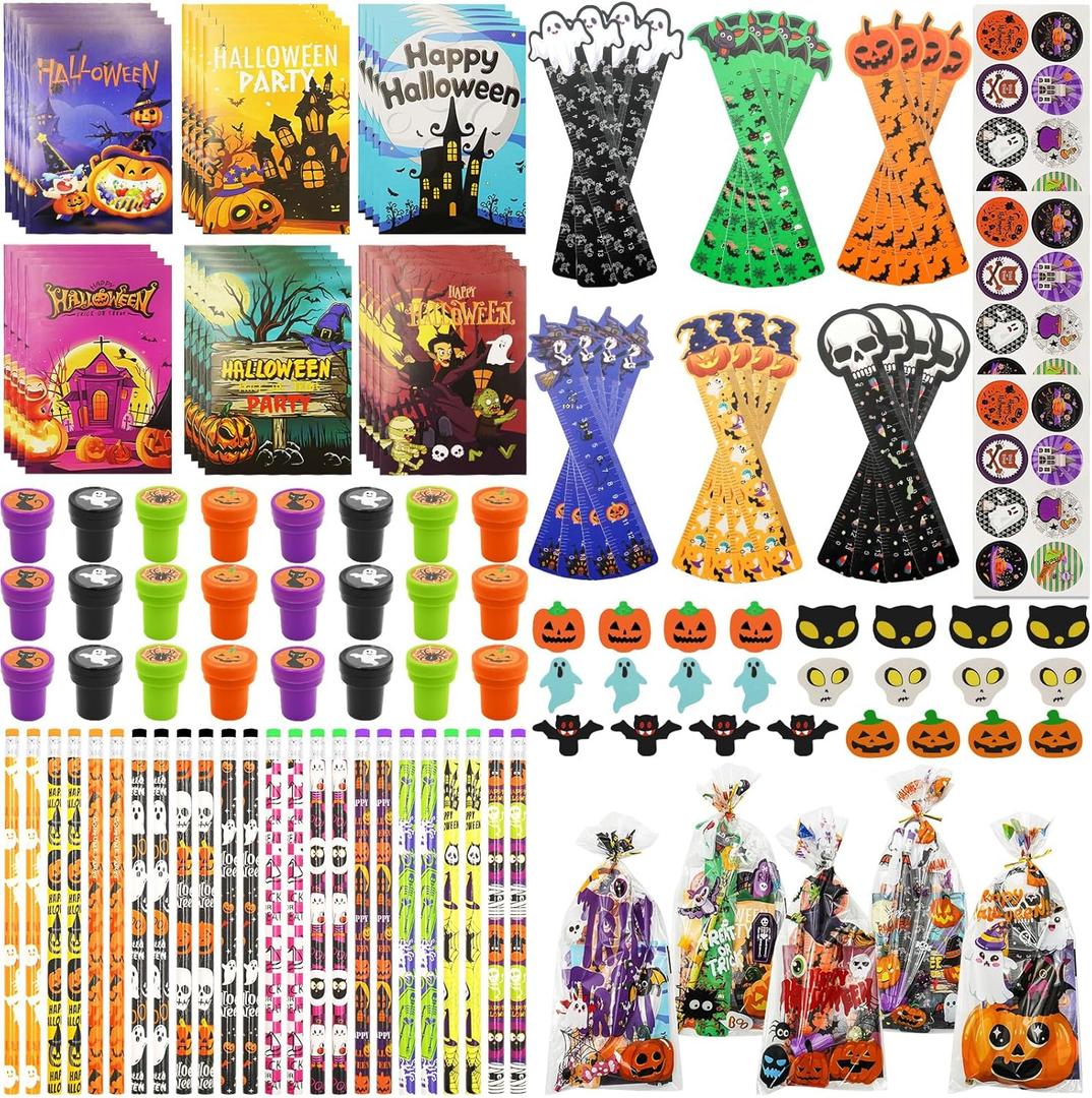 168 PCS Halloween Party Favors 24 Pack Halloween Stationery for kids Trick or Treat Gifts for Halloween Party Classroom School Supplies Prizes Rewards Stuffers Halloween Toys