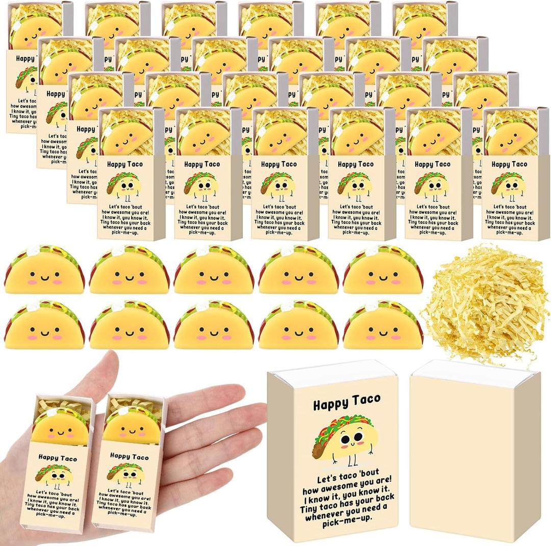 Wettarn 72 Sets Taco Positive Gifts Cute Stress Balls with Support Boxes Mexican Party Favors for Cinco De Mayo Fiesta Gifts Employee Coworker Friends Office Desk Decor