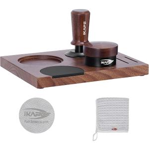 IKAPE 58MM Coffee Tamper Set 5 IN 1, Walnut Wood Espresso Tamper, Espresso Distributor, Tamper Base, Puck Screen, Cleaning Towel Set, Perfect for Everyday Use, Stylish, Functional Coffee Accessories (Brown)