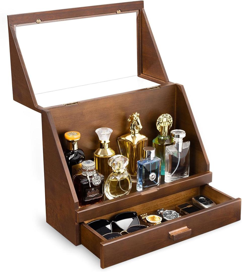Cologne Organizer for Men, Wood Cologne Stand with Drawer, Large Capacity Cologne Shelf with Cologne Holder Display Large Storage Size15.6 * 11.8 * 6.1in