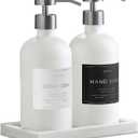 Glass Soap Dispenser Set of 2 (White) with Silicone Tray | Hand and Dish Soap Dispenser for Kitchen and Bathroom | 16.8 Oz Glass Bottles with Stainless Steel Pump & 15 Waterproof Labels (White/Silver)