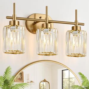 Modern Crystal Bathroom Vanity Light, 3-Light Brushed Gold Bathroom Light Fixtures with Clear Shades, Vanity Lighting Fixtures Over Mirror (Exclude Bulb)