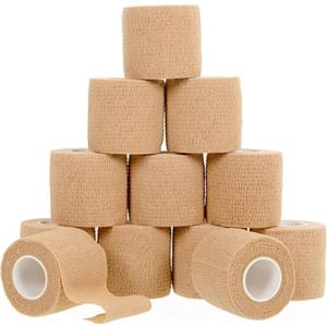 12 Pack Self-Adhesive Bandage Wrap - 2 Inches x 5 Yards - Elastic Self Adherent Cohesive Wrap Bandage - Breathable Athletic Tape for Wrists, Knee, Ankle - First Aid Sports - Brown