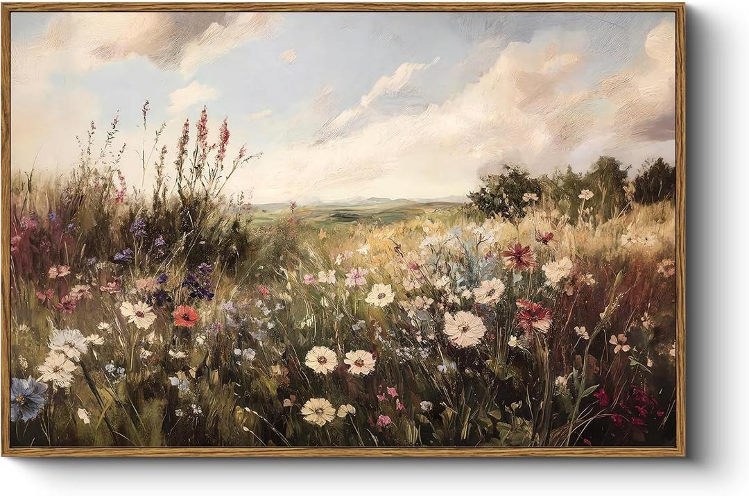 HUARCEY Vintage 16"x24" Framed Wildflower Canvas Wall Art, Rustic Nature Botanical Floral Landscape Meadow Print Large Painting, Flowering Homeland Living Room Bedroom Farmhouse Artwork Wall Decor