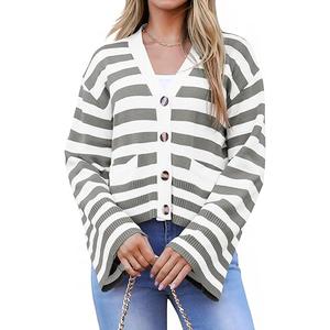Saodimallsu Womens Striped Cardigan Sweaters Cropped Fall Button Open Front Long Sleeve Knit Sweater Coat with Pockets L Saodimallsu Womens Striped Cardigan Sweaters Cropped Fall Button Open Front Long Sleeve Knit Sweater Coat with Pockets L