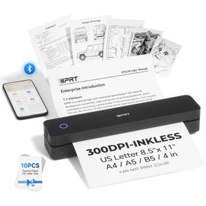 iDPRT Portable Printer Wireless for Travel - Bluetooth Mobile Printer Support for 8.5"x11" US Letter, Inkless Compatible with iOS, Android, Laptop for Office, Car and Home (300DPI, Black)