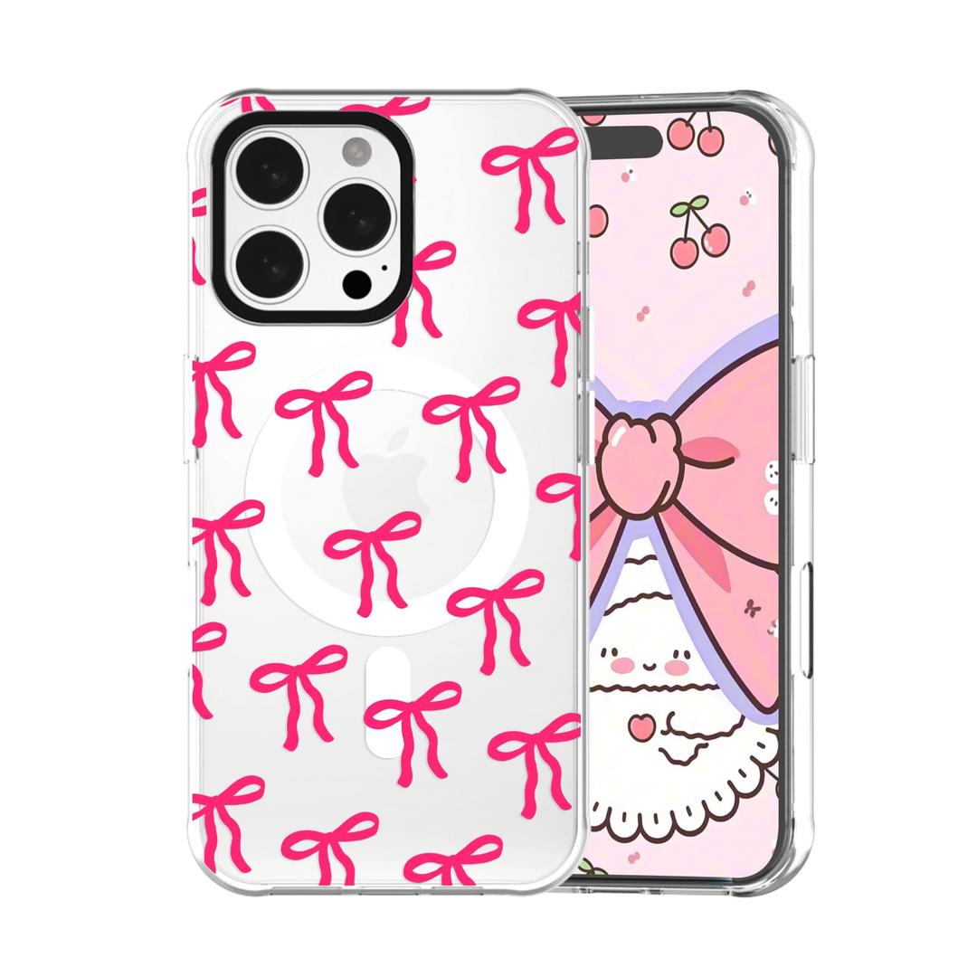 GUESNUY Aesthetic Phone Case Compatible with iPhone 16 Pro Max, Bow Case Compatible with MagSafe,Soft Clear TPU Anti-Slip Shockproof Bumper Protective Cover for Women Girly - Hot Pink