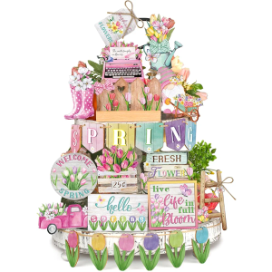 35 Pieces Flower Colored Wooden Gnome Tiered Tray Decor, Spring Wood Signs, Fresh Flower Truck Trays for Home, Farmhouse, Rustic Home Decor