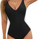 BMJL Women's One Piece Swimsuit Slimming Tummy Control Bathing Suit Deep V Neck Color Block Lace Up Back Swimwear (Size XL, Black)