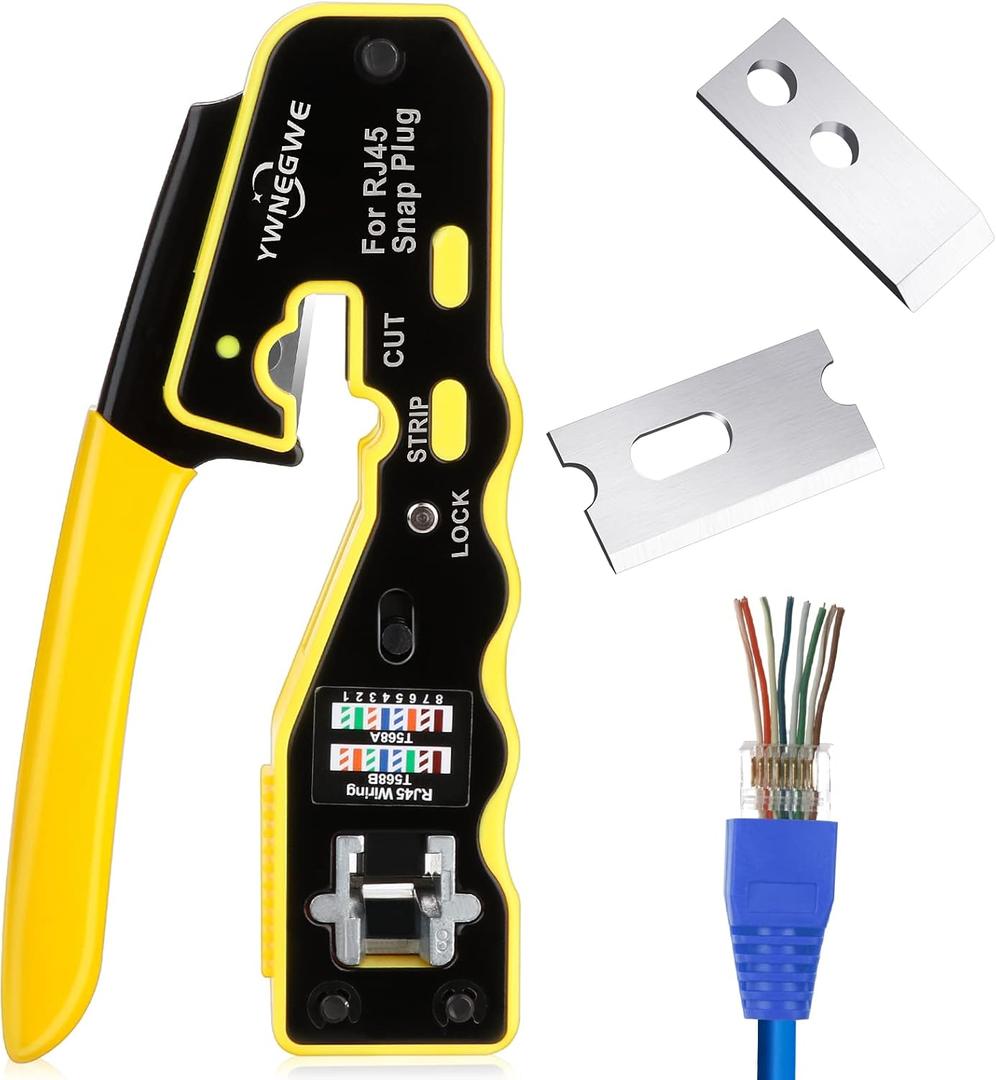 RJ45 Crimp Tool Kit Pass Through Crimper Stripper Cutter All-in-One Ethernet Crimper Tool for Cat5e Cat6 Cat6a 8P8C Pass Through Modular Plugs With 2 Replacement Blades