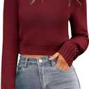 Zeagoo Women's 2026 Fall Crewneck Cropped Sweater Trendy Long Sleeve Ribbed Knit Pullover Jumper Tops (Large, Wine Red)